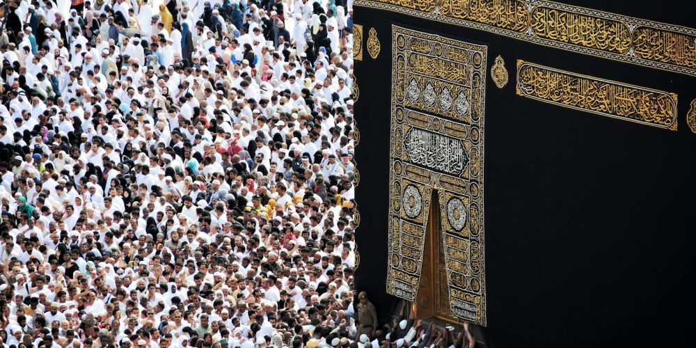 Mass of pilgrims in traditional attire at Kaaba during the Hajj pilgrimage.
